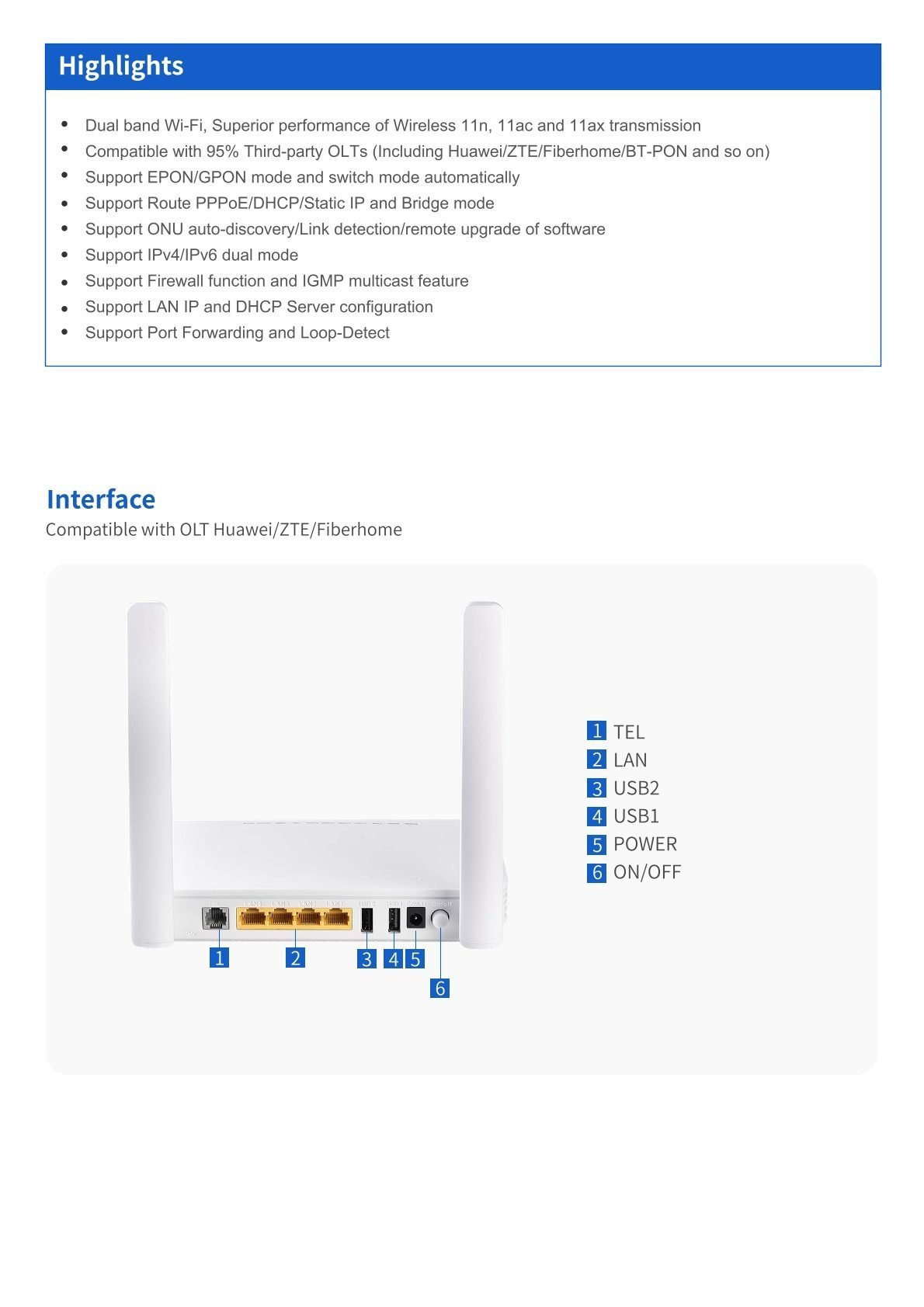 T5311H72-W XPON+4GE+1TEL+WiFi6 AX3000 USB3.0 XPON ONU 7 T5311H72 W中性 4